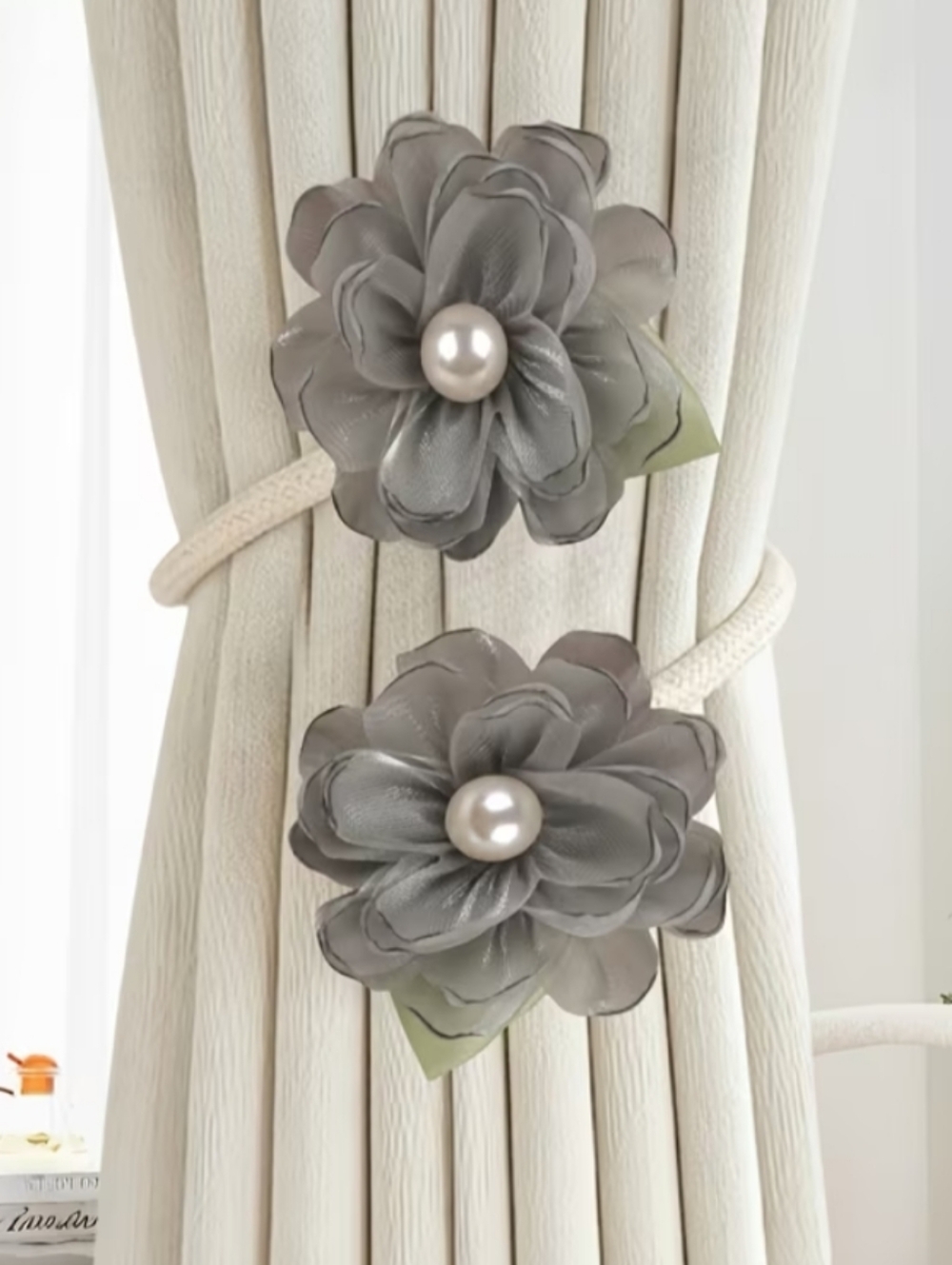 Gray Floral Pearl Curtain Tiebacks (Set of 2)